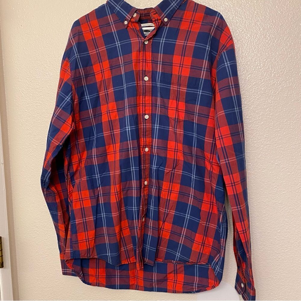 Old Navy red white Blue Striped Plaid Button Up Shirt long sleeve slim fit XL